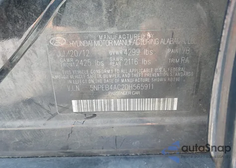 2013 Hyundai Sonata Gls из США, поврежденный, VIN 5NPEB4AC2DH565911